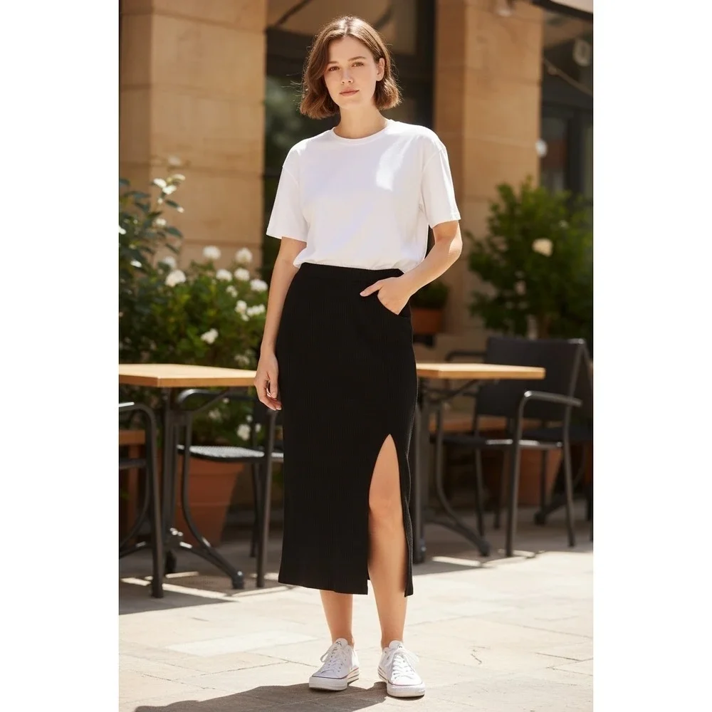 Abercrombie & Fitch Black Ribbed Side Slit Midi Skirt Minimalist Academic Preppy